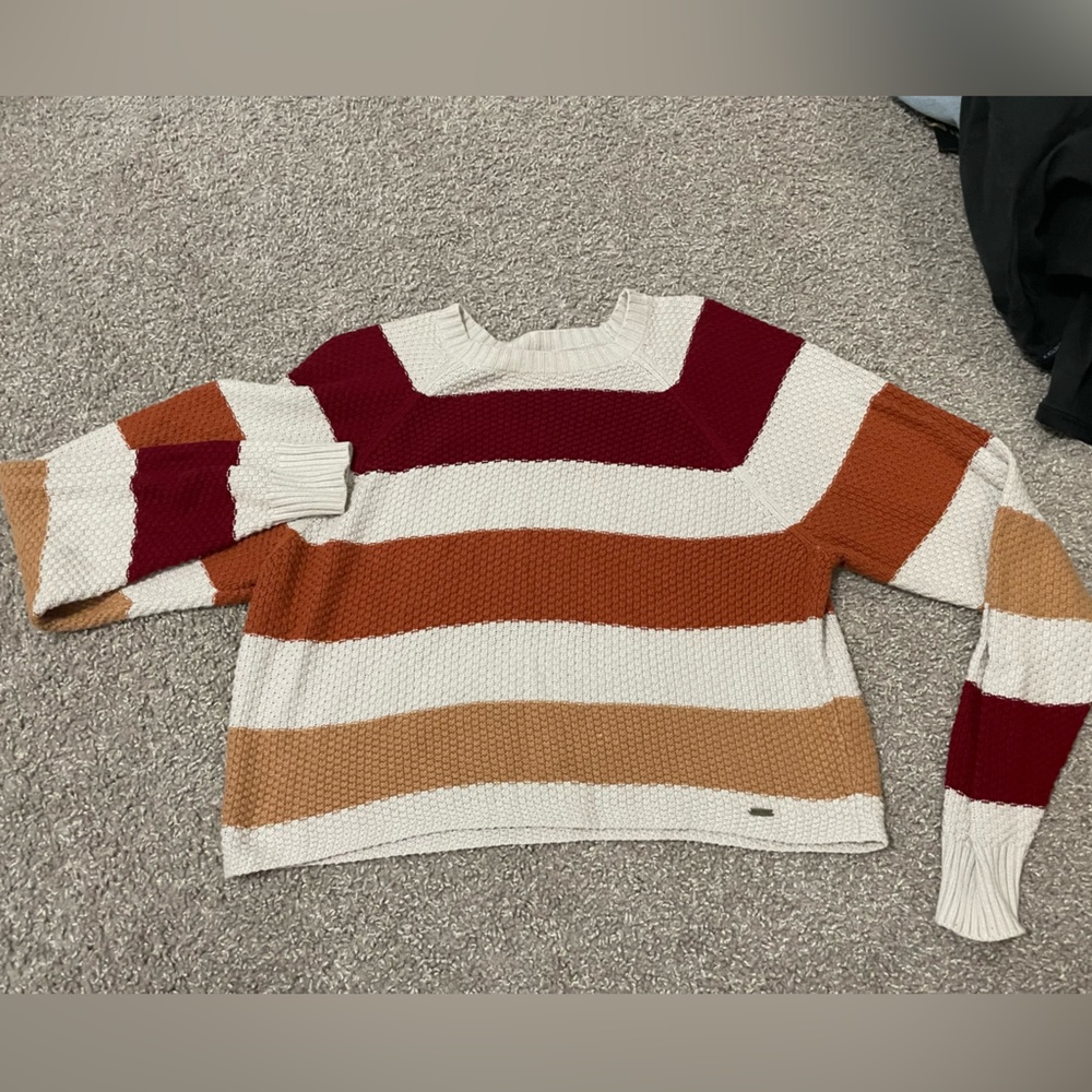 red, orange, yellow, and white striped cropped sweater